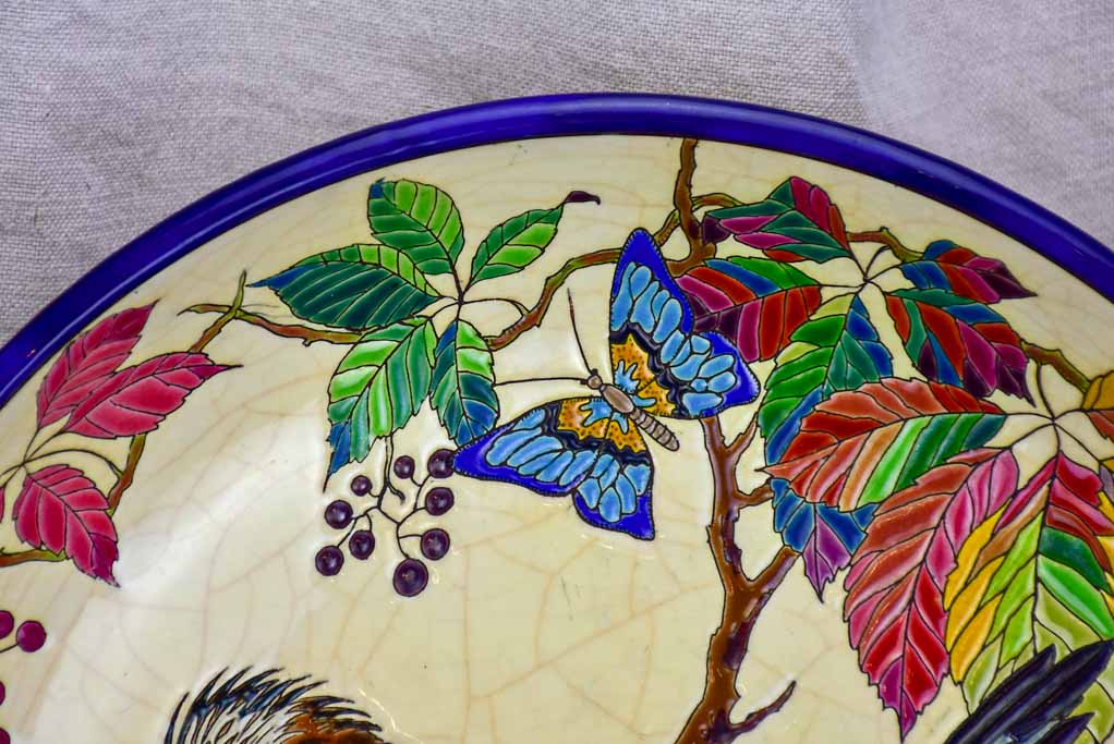 1930's French plate with bird and autumn foliage - Emaux de Longwy 15"