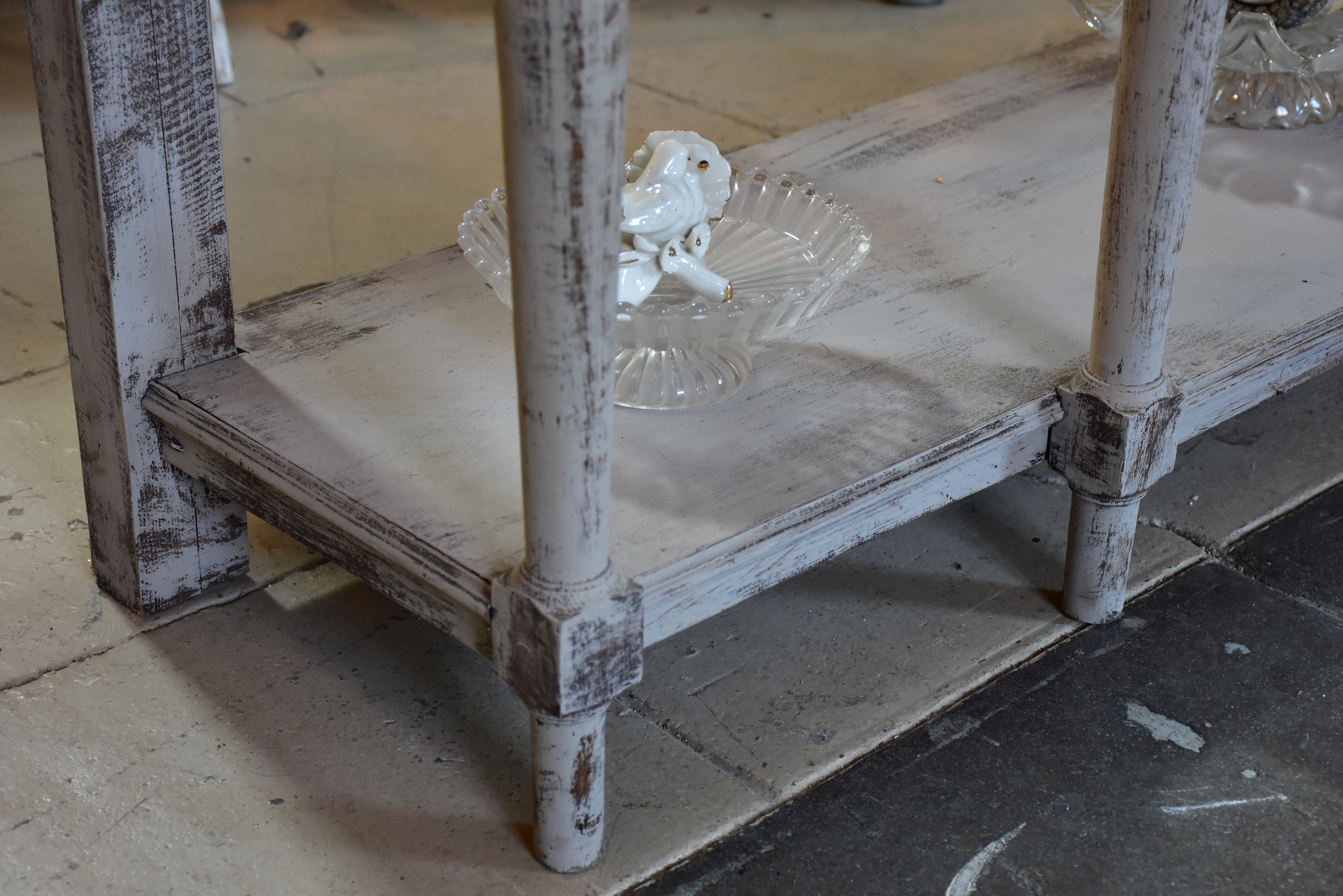 Vintage French kitchen console table with grey patina