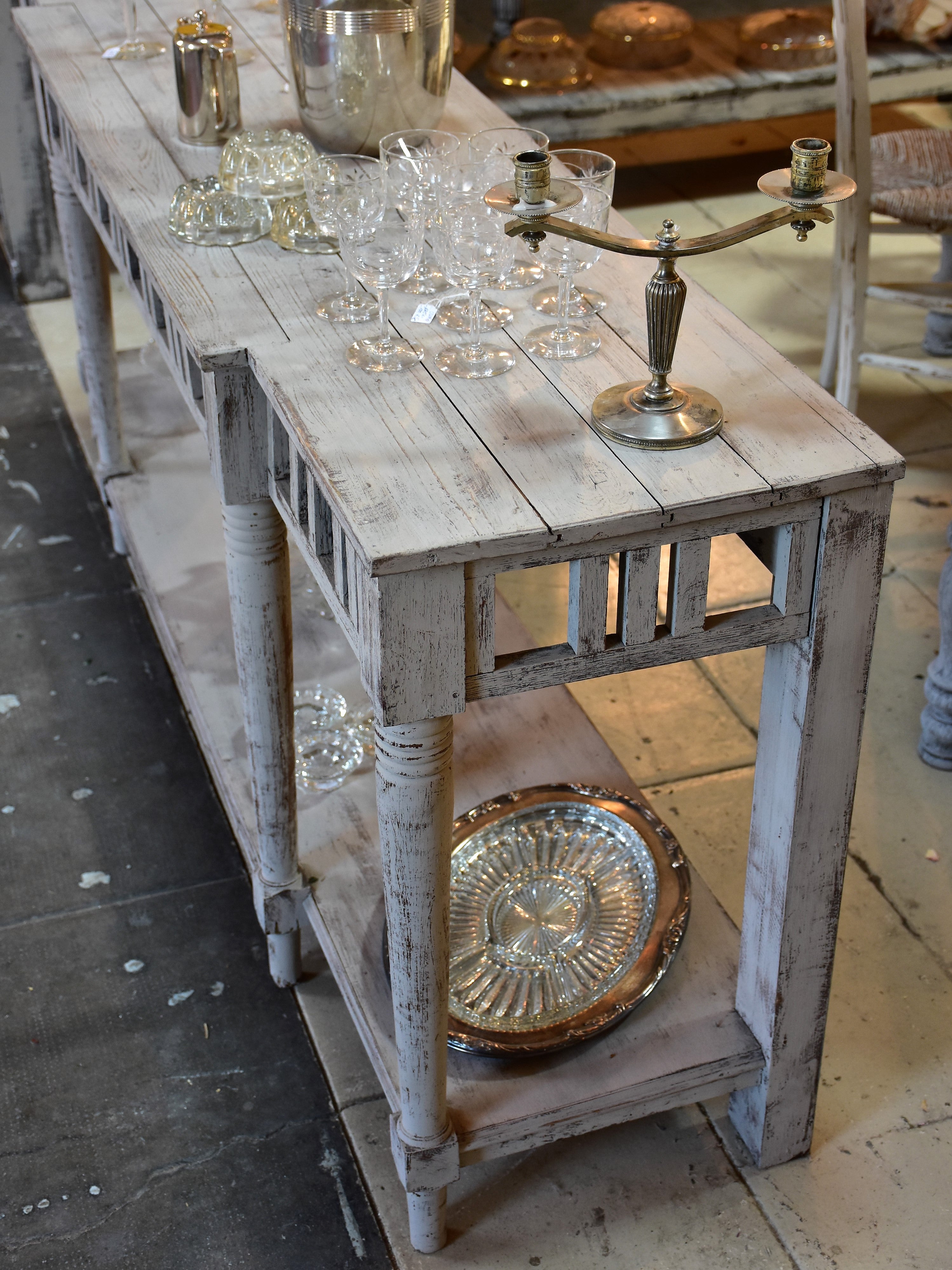 Vintage French kitchen console table with grey patina