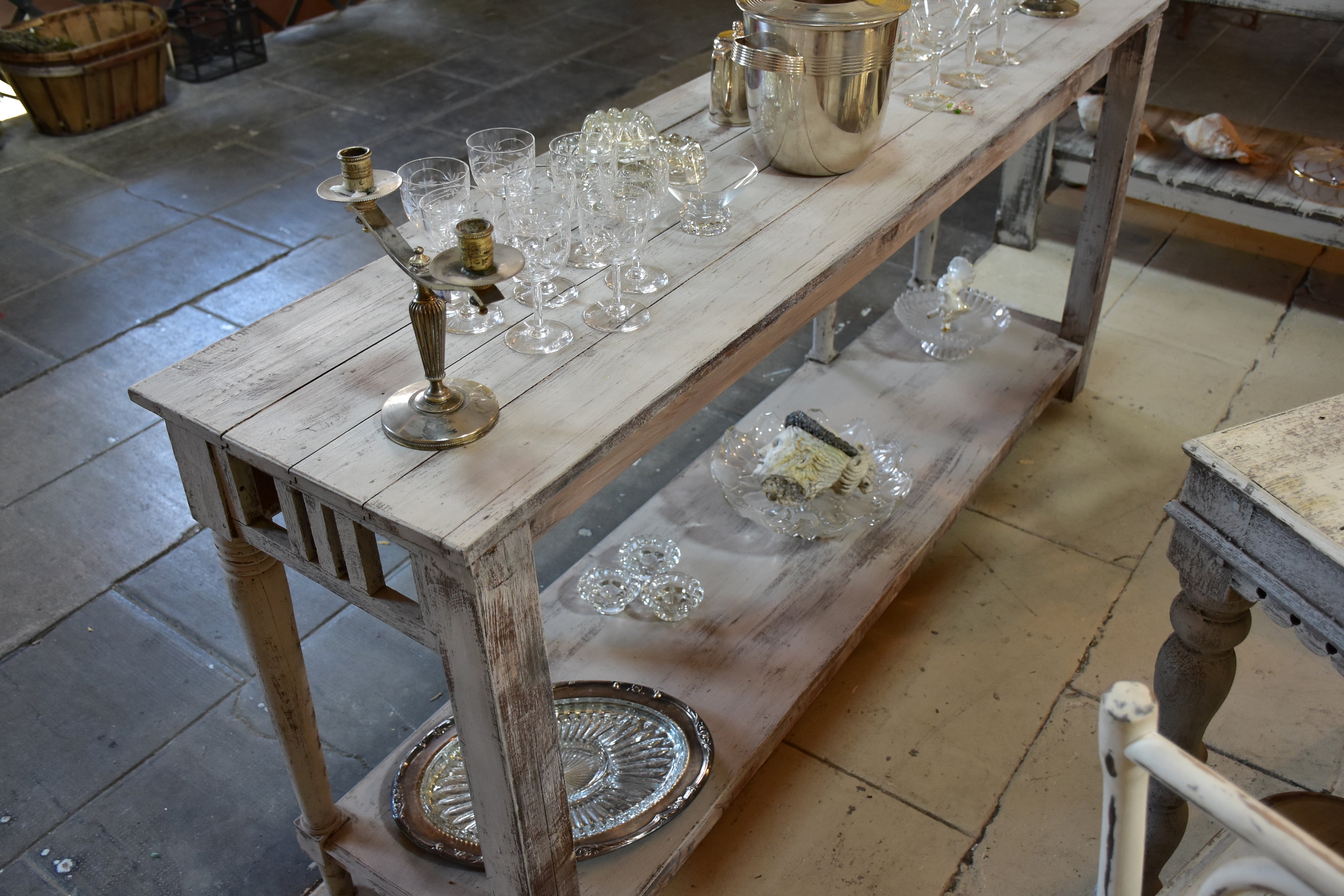 Vintage French kitchen console table with grey patina