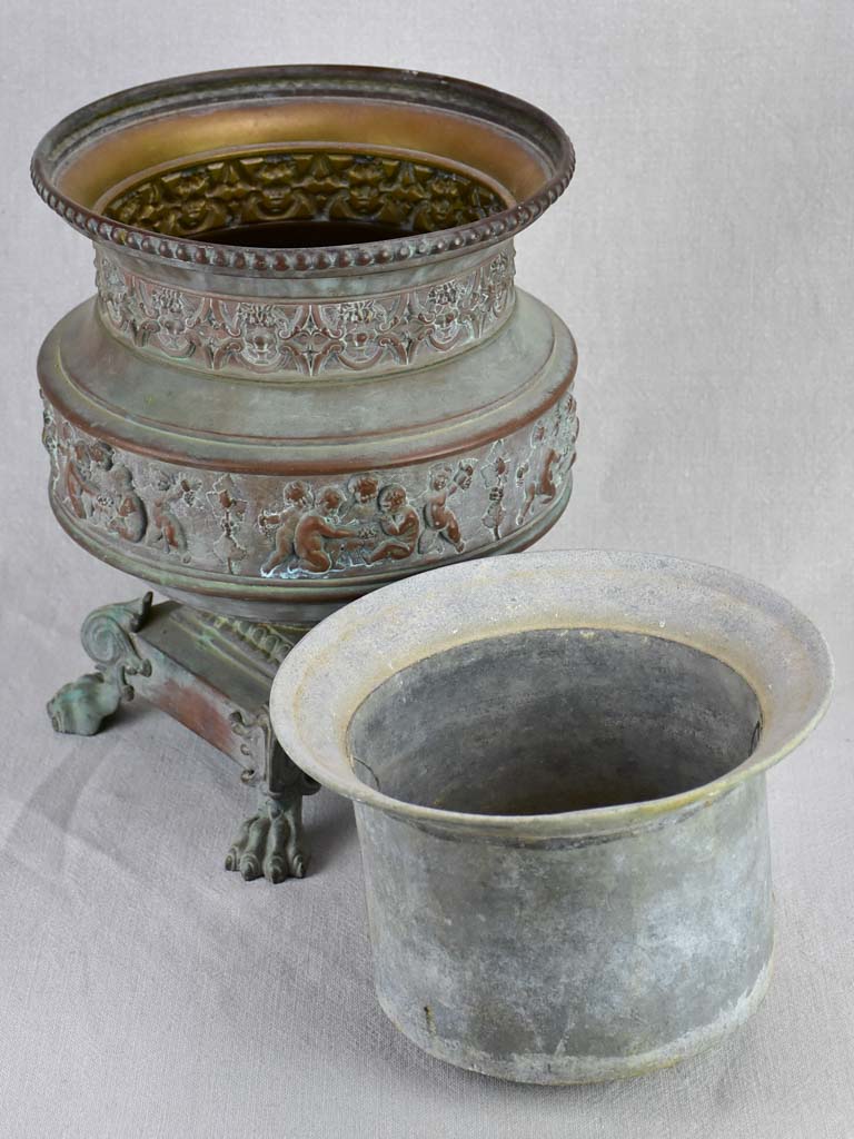 19th-century French tole cachepot with lions feet - Toneline Paris 13½"