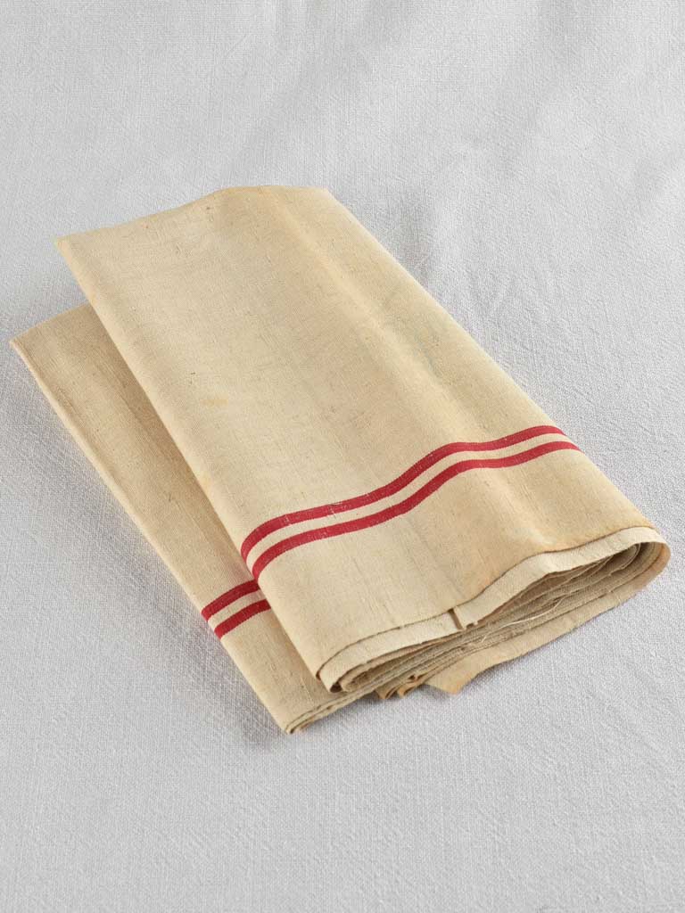 Large antique French linen fabric with double red stripe - never used 23¼" x 76½"