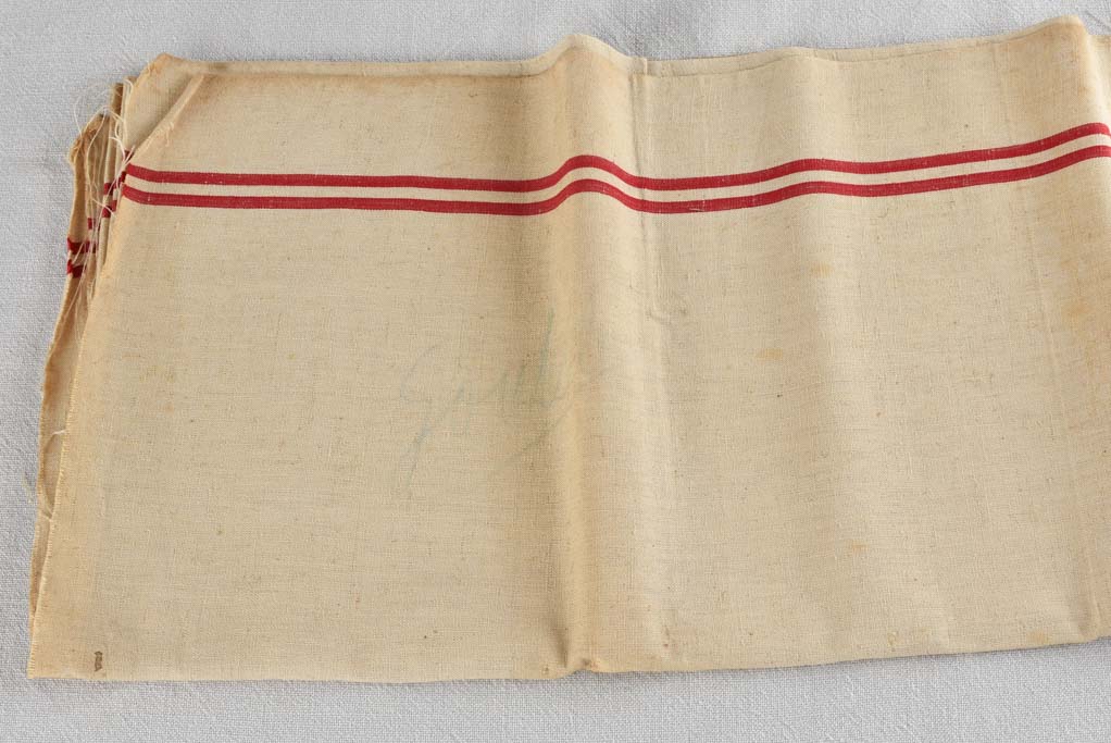 Large antique French linen fabric with double red stripe - never used 23¼" x 76½"