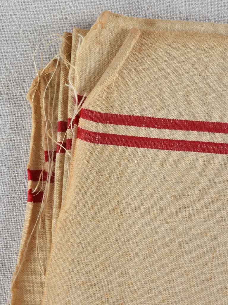 Large antique French linen fabric with double red stripe - never used 23¼" x 76½"