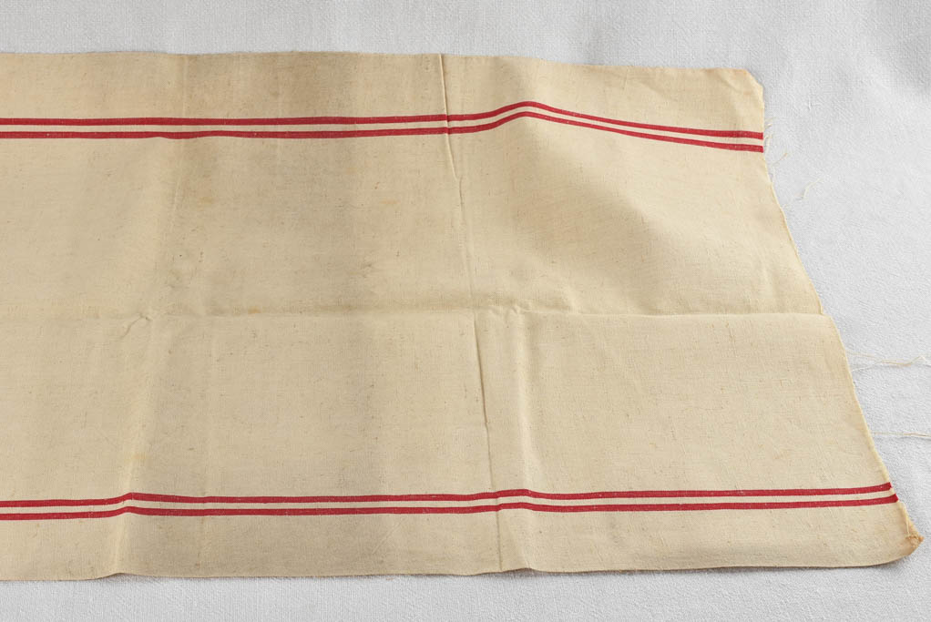 Large antique French linen fabric with double red stripe - never used 23¼" x 76½"