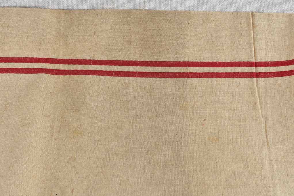 Large antique French linen fabric with double red stripe - never used 23¼" x 76½"