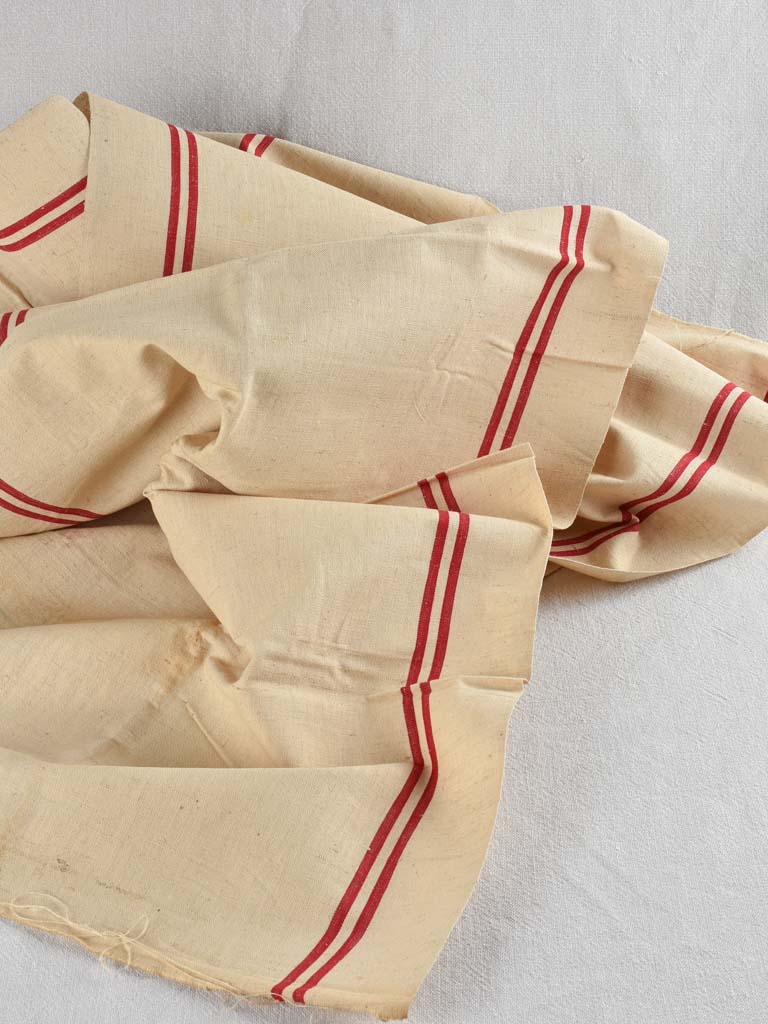 Large antique French linen fabric with double red stripe - never used 23¼" x 76½"