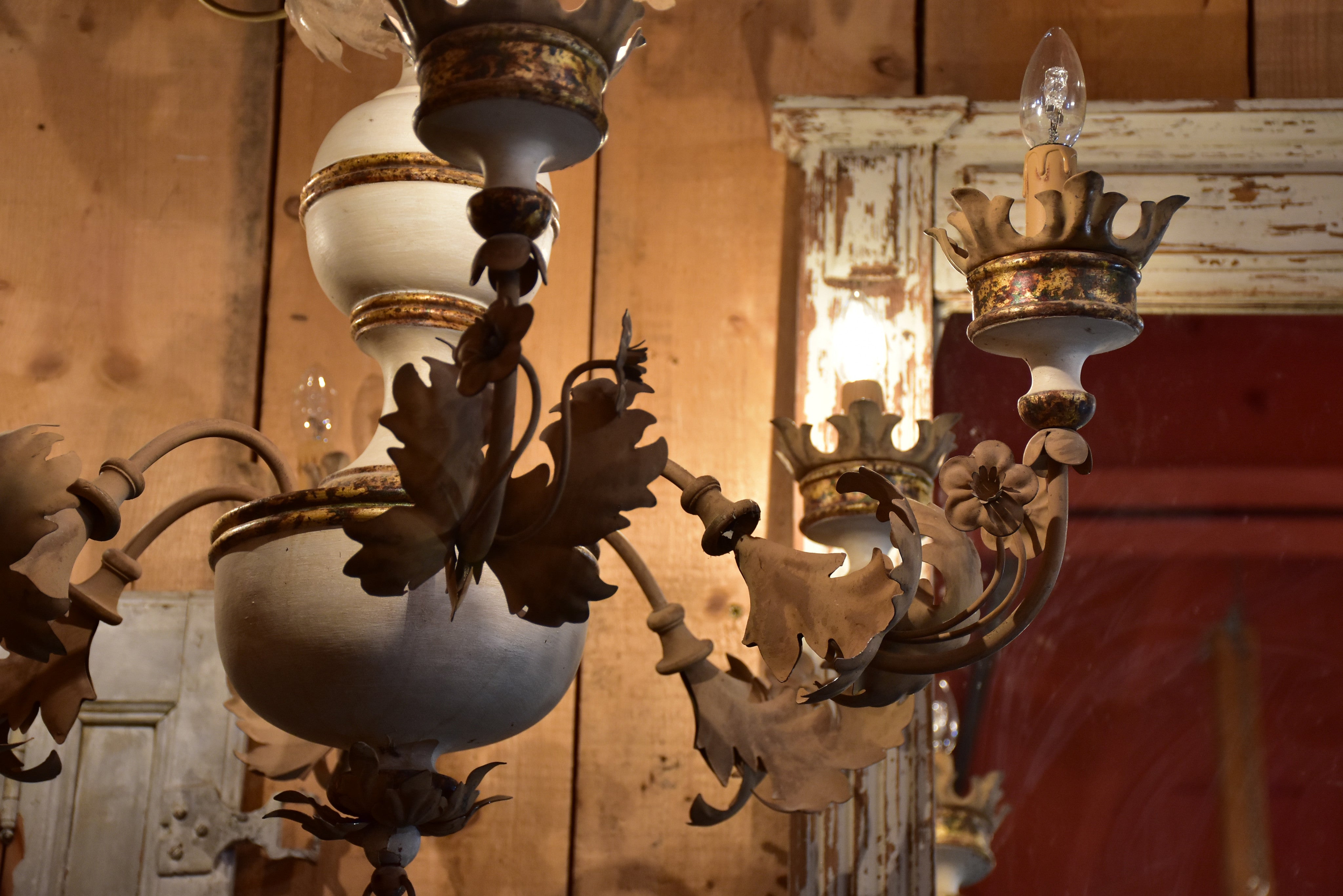 Pair of vintage Italian chandeliers – white with gold leaves