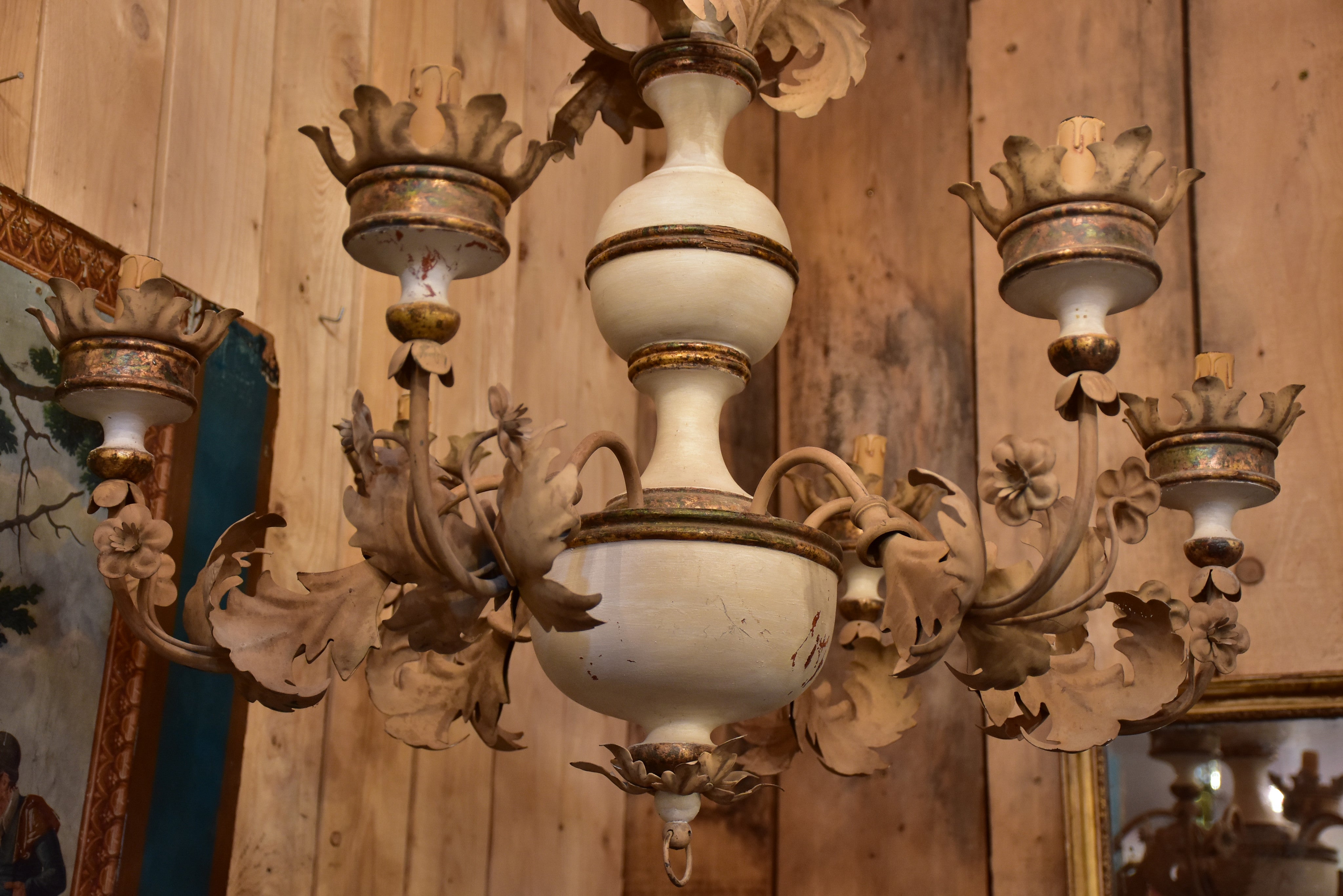 Pair of vintage Italian chandeliers – white with gold leaves