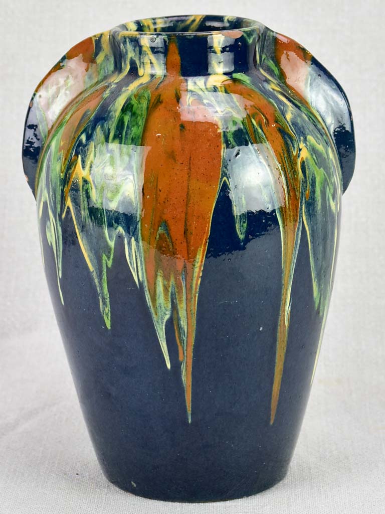 Vintage F. Hertz Annecy vase with blue ocher and green glaze 9"