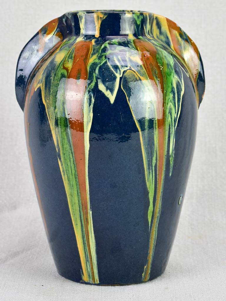 Vintage F. Hertz Annecy vase with blue ocher and green glaze 9"