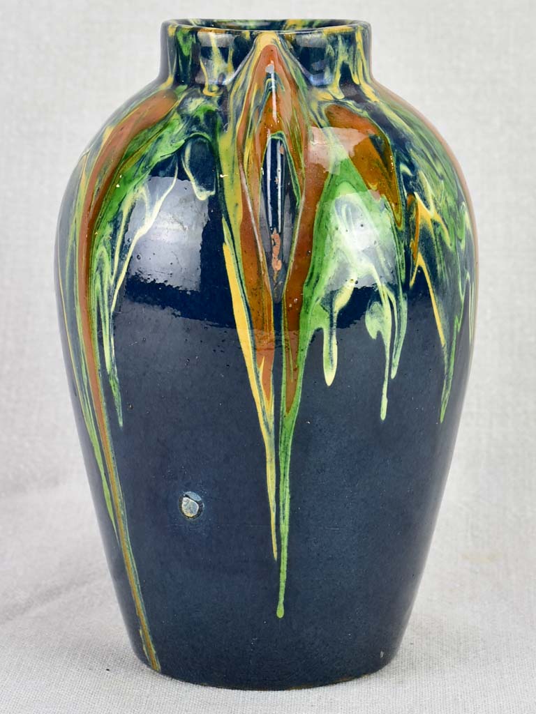 Vintage F. Hertz Annecy vase with blue ocher and green glaze 9"