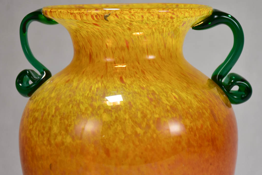 1970's Italian blown glass vase - orange with green handles 8¼"