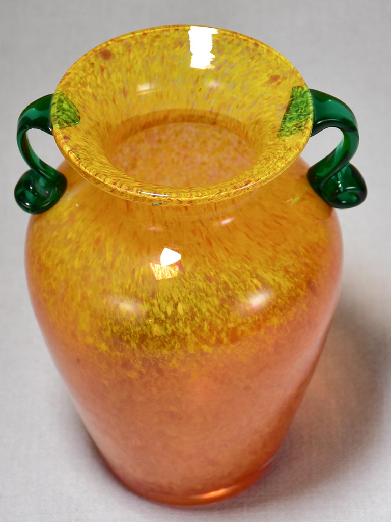 1970's Italian blown glass vase - orange with green handles 8¼"