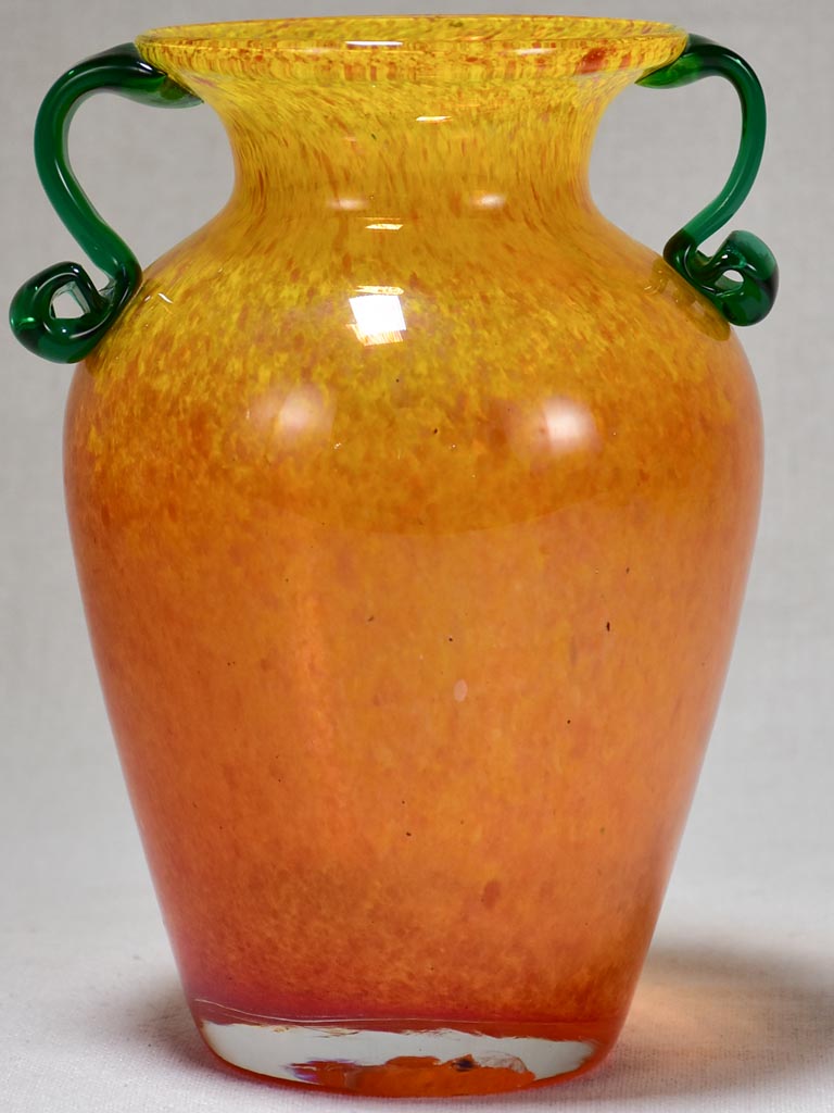 1970's Italian blown glass vase - orange with green handles 8¼"