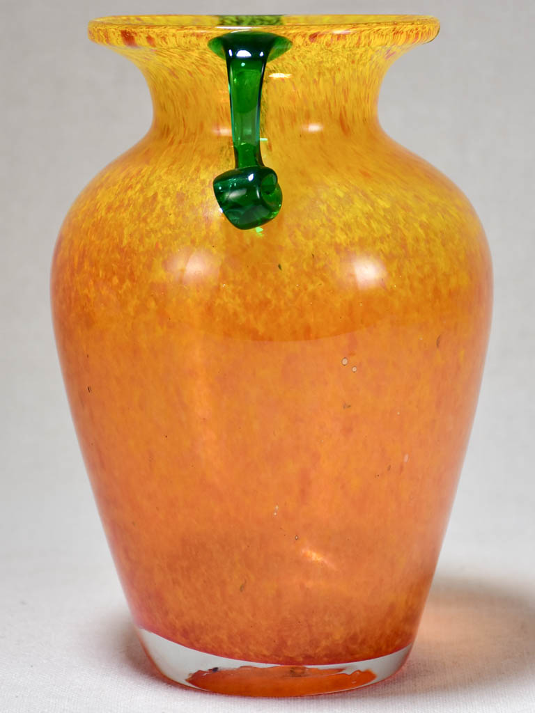 1970's Italian blown glass vase - orange with green handles 8¼"