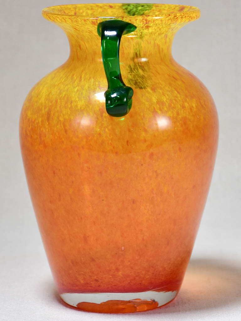 1970's Italian blown glass vase - orange with green handles 8¼"