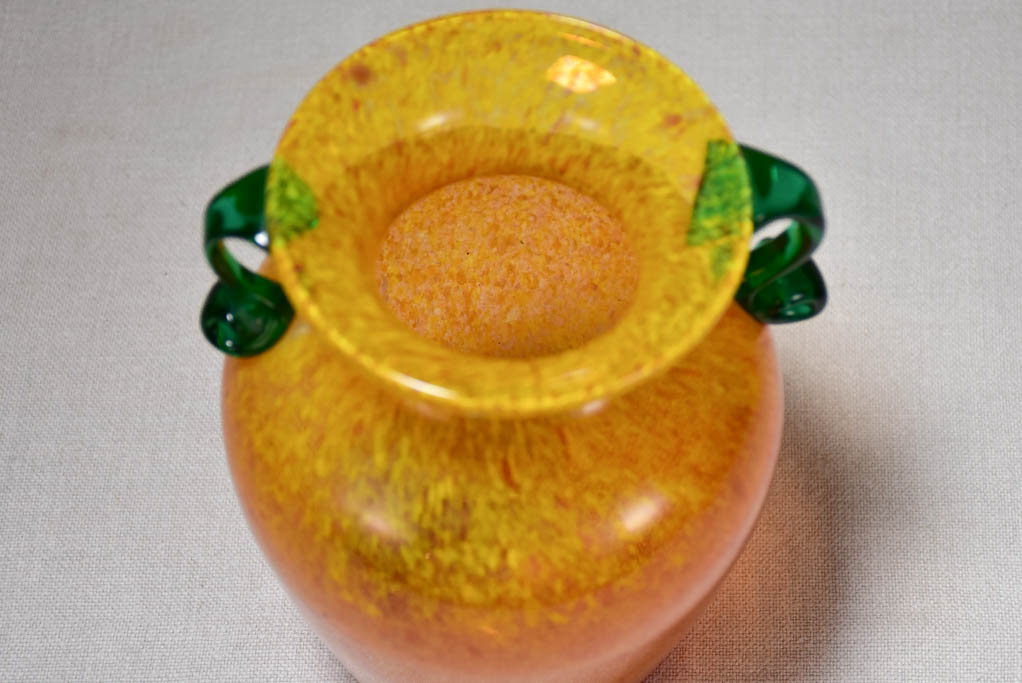 1970's Italian blown glass vase - orange with green handles 8¼"