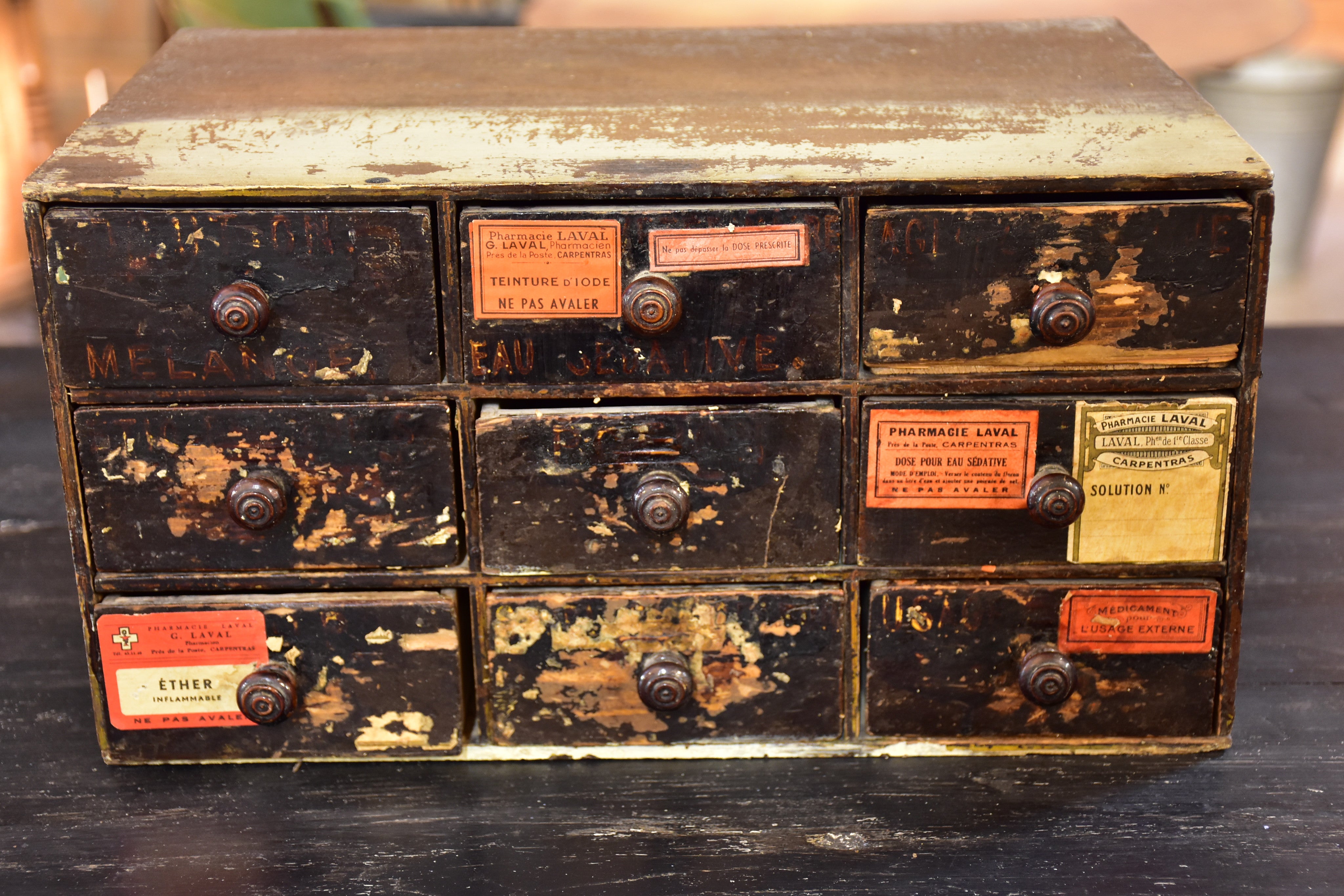 Vintage French pharmacy drawers from Carpentras