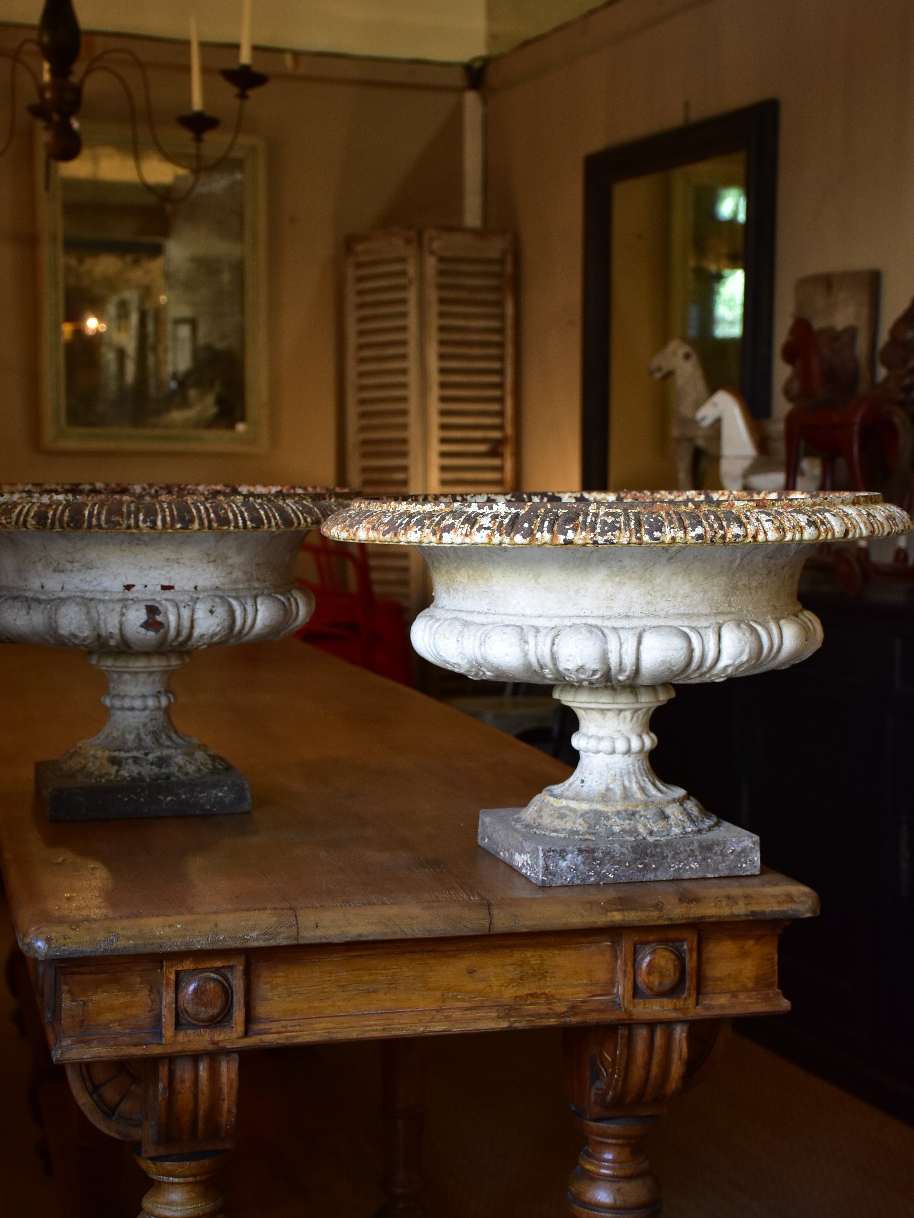 Pair of large white antique French garden urns – cast iron