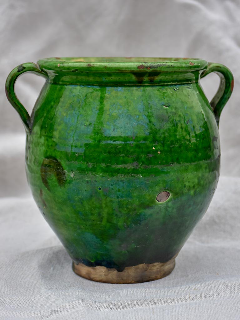 Antique French confit pot with deep green glaze 7½"