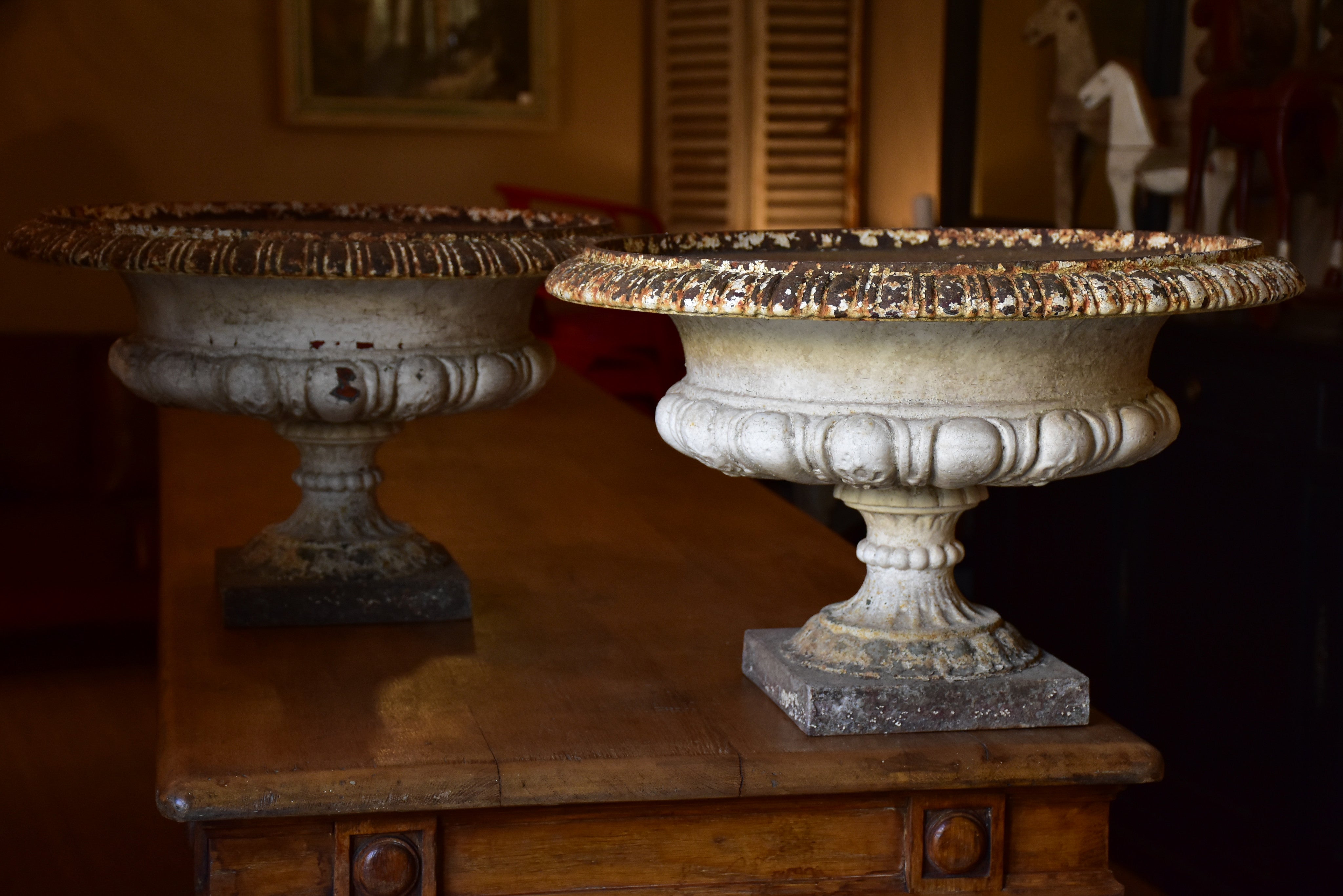 Pair of large white antique French garden urns – cast iron