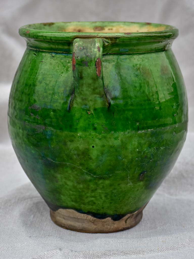 Antique French confit pot with deep green glaze 7½"