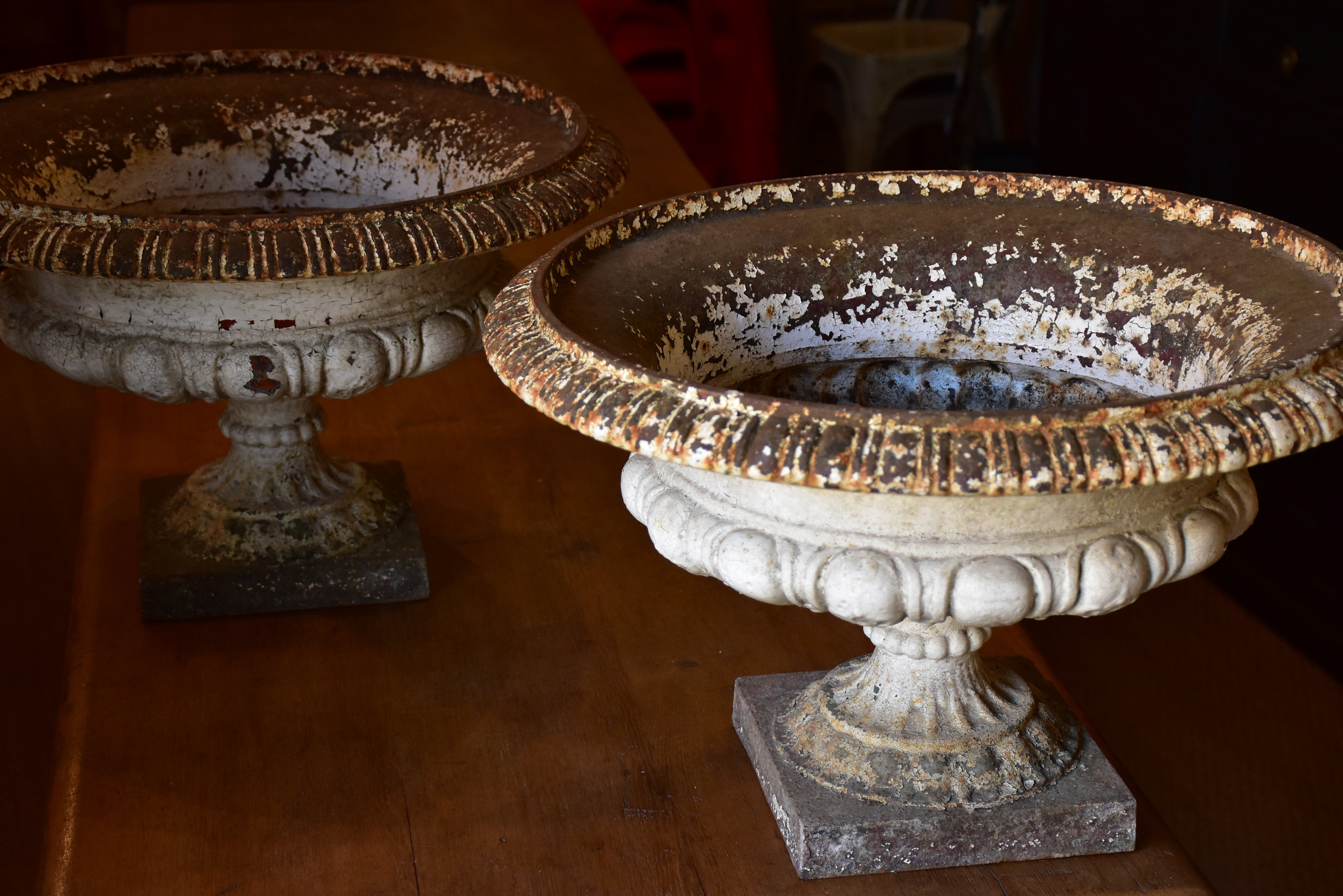 Pair of large white antique French garden urns – cast iron