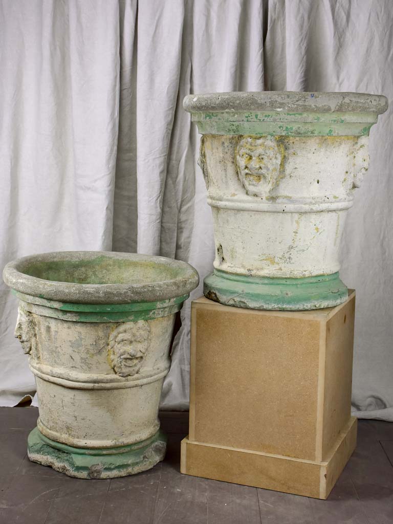 Pair of very large antique Italian garden planters with masquerades and green stripes