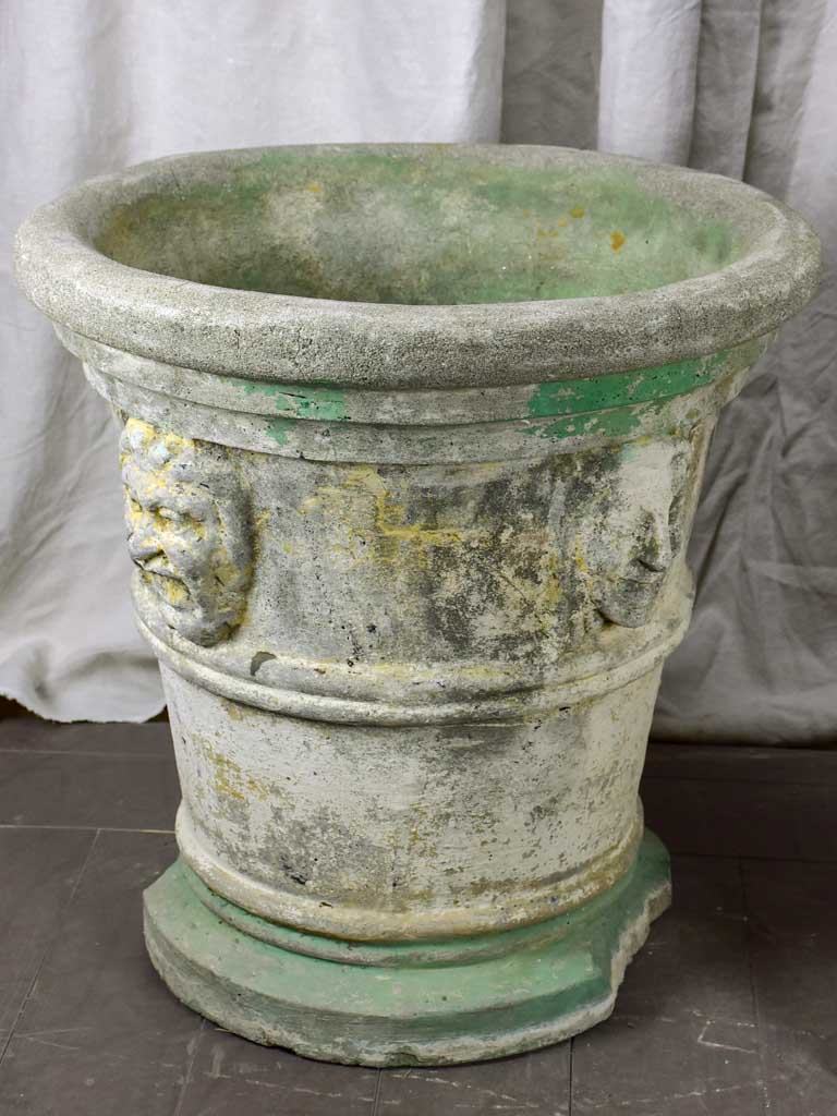 Pair of very large antique Italian garden planters with masquerades and green stripes