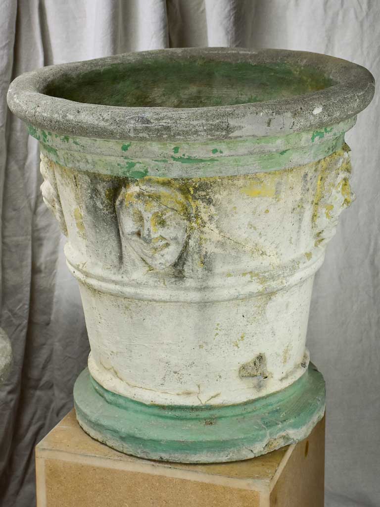 Pair of very large antique Italian garden planters with masquerades and green stripes