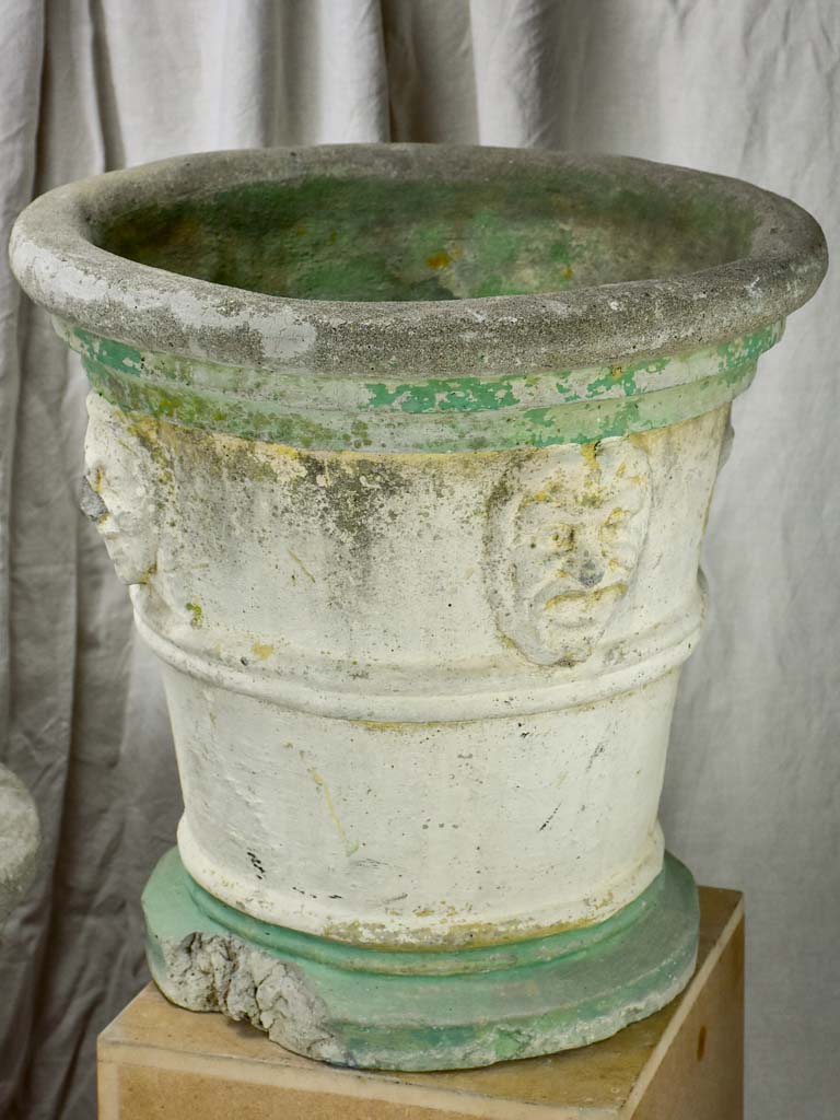 Pair of very large antique Italian garden planters with masquerades and green stripes