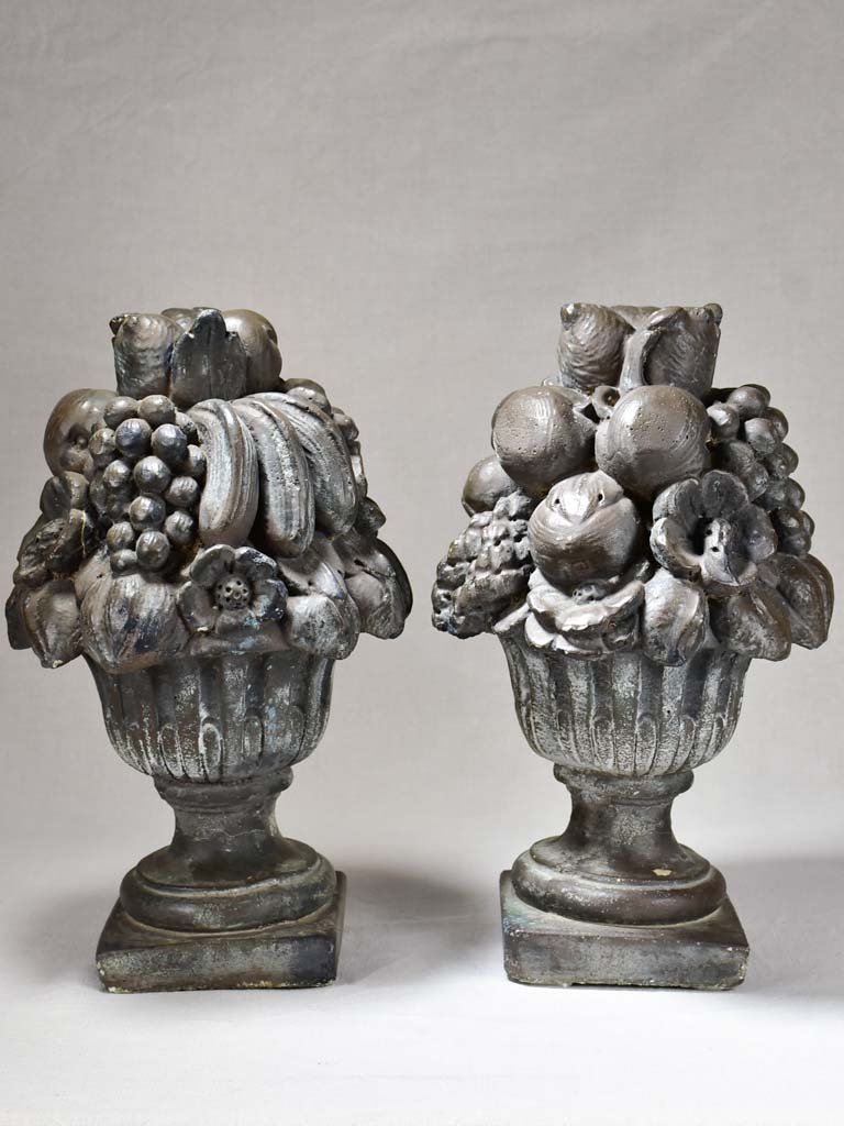 Pair of fruit basket finials with black patina 19"