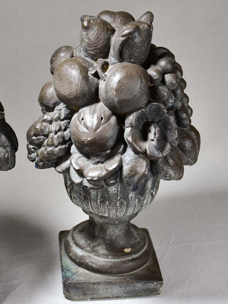 Pair of fruit basket finials with black patina 19"