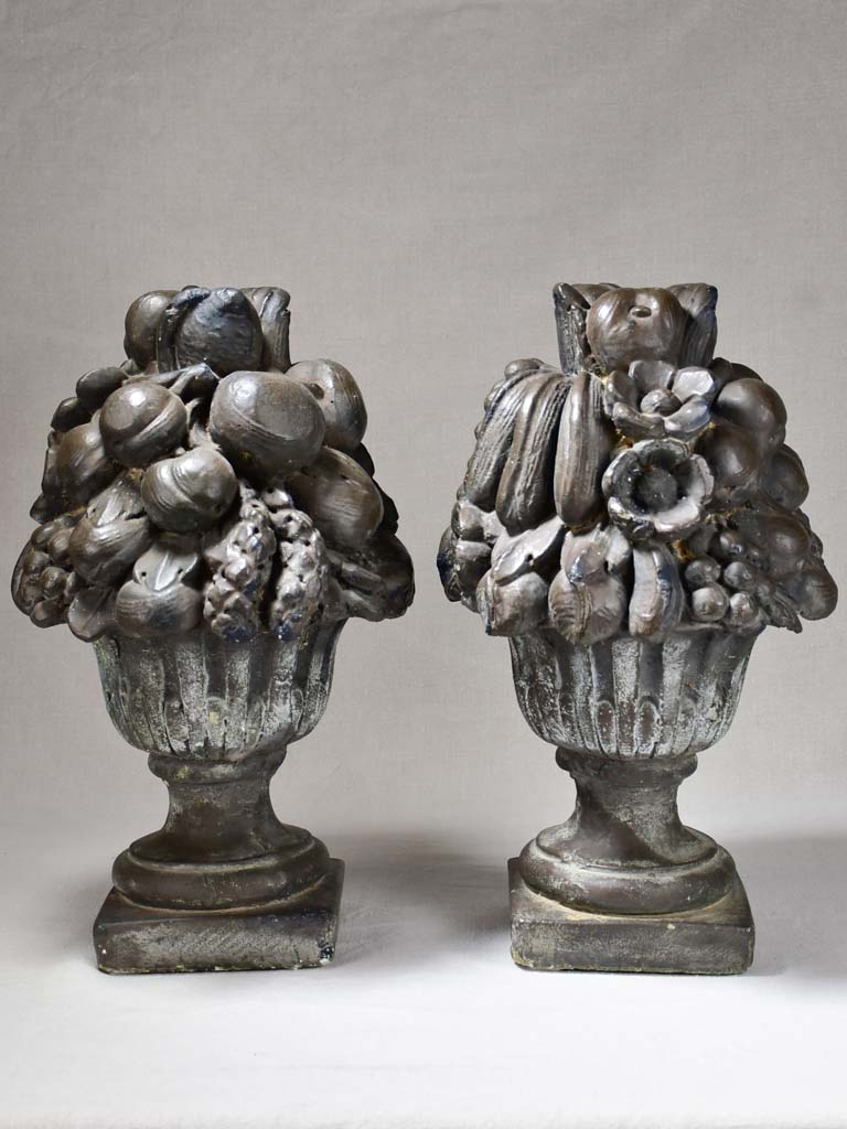 Pair of fruit basket finials with black patina 19"