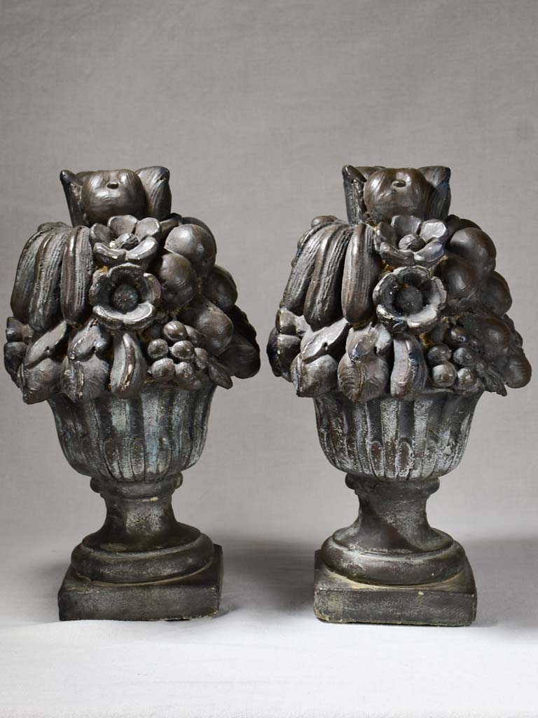 Pair of fruit basket finials with black patina 19"