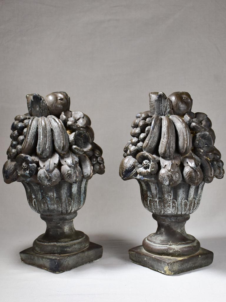 Pair of fruit basket finials with black patina 19"