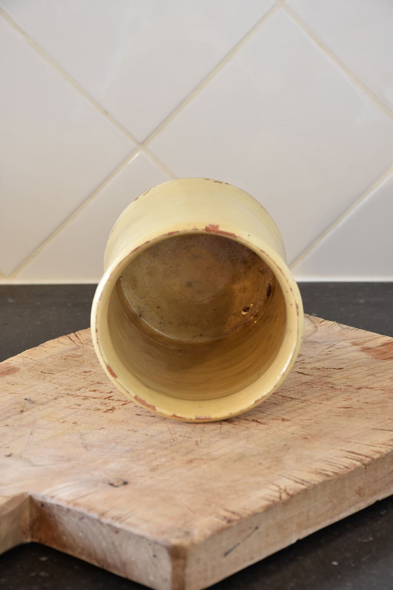 19th century French yellow ware preserving jar – two