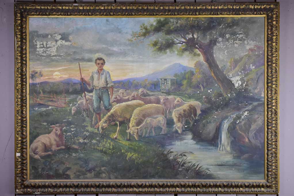 Very large painting of a young shepherd and his flock drinking at a stream 58" x 79½"