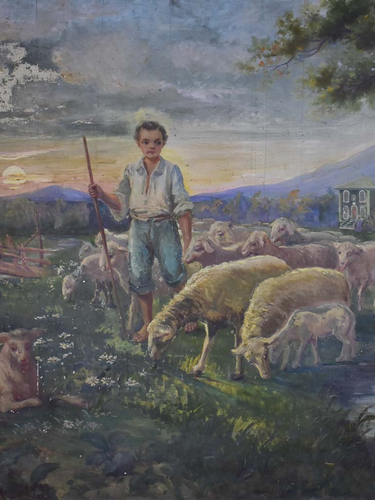 Very large painting of a young shepherd and his flock drinking at a stream 58" x 79½"