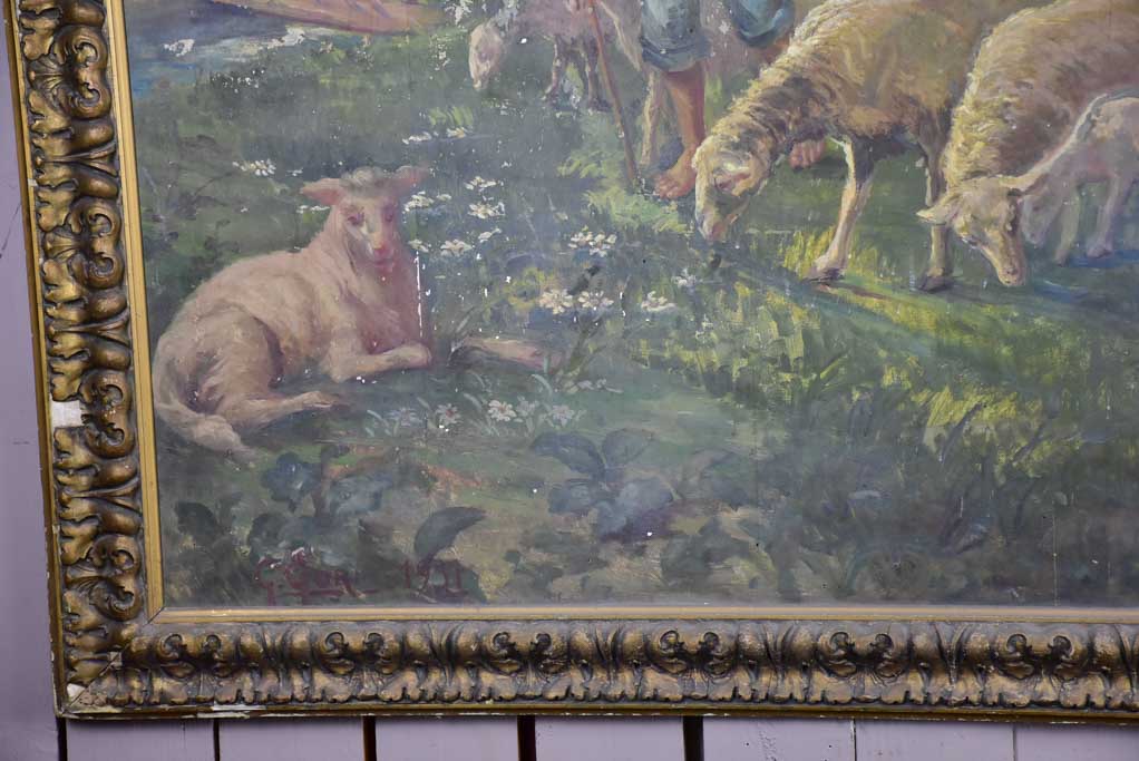 Very large painting of a young shepherd and his flock drinking at a stream 58" x 79½"