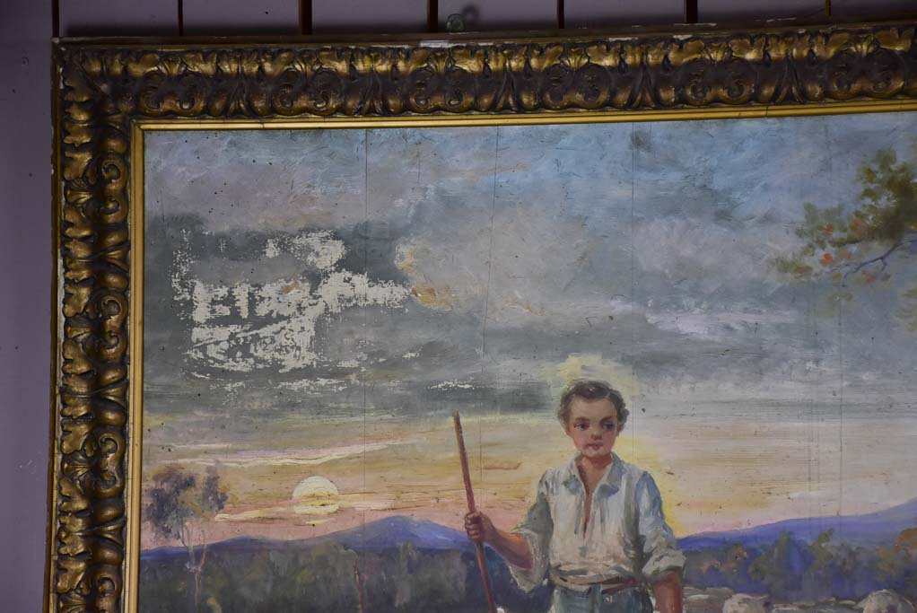 Very large painting of a young shepherd and his flock drinking at a stream 58" x 79½"