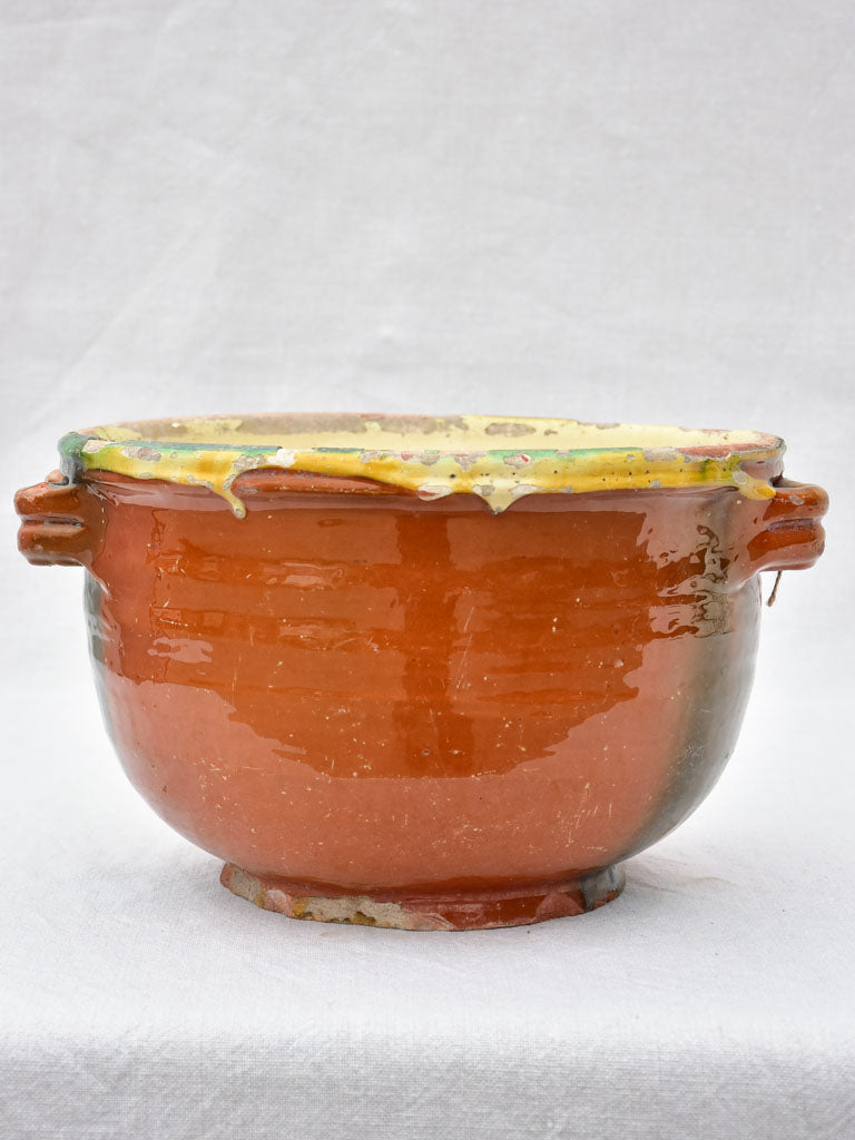 Large antique French casserole bowl with brown and yellow glaze and double handles 8"