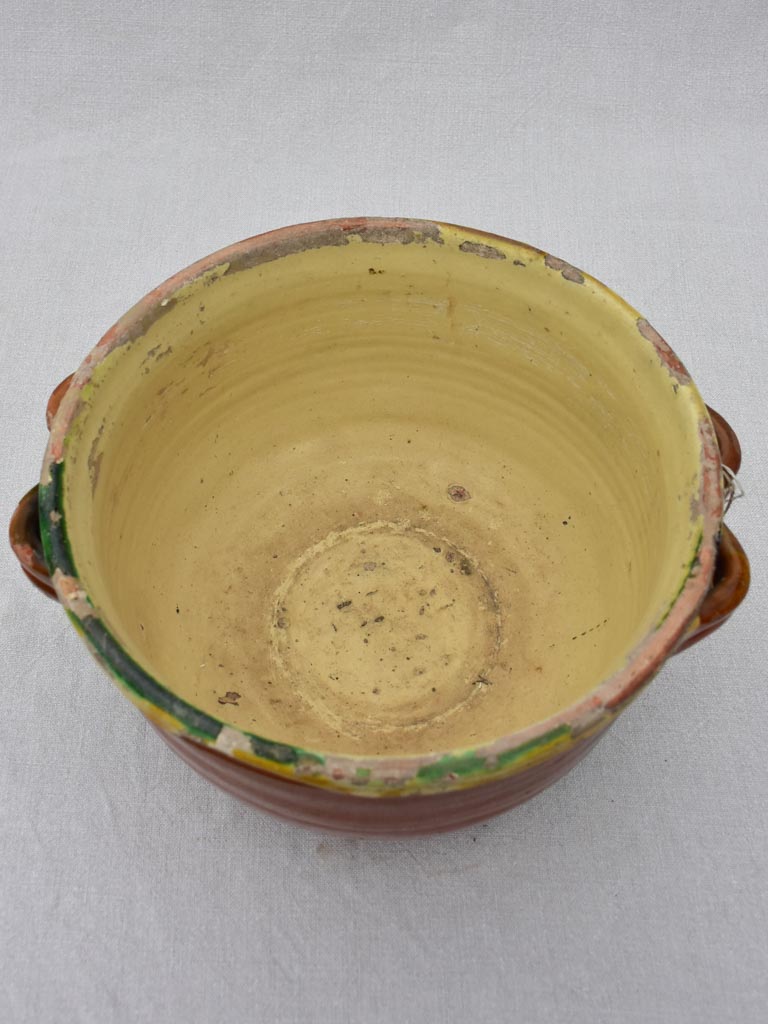 Large antique French casserole bowl with brown and yellow glaze and double handles 8"