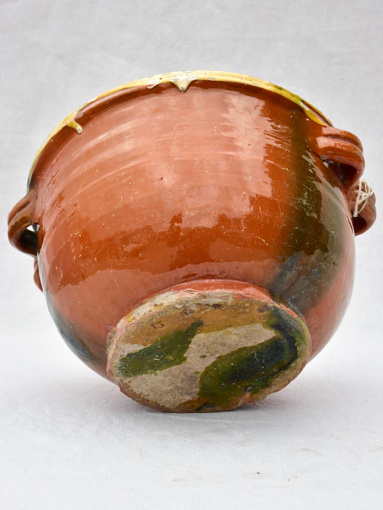 Large antique French casserole bowl with brown and yellow glaze and double handles 8"