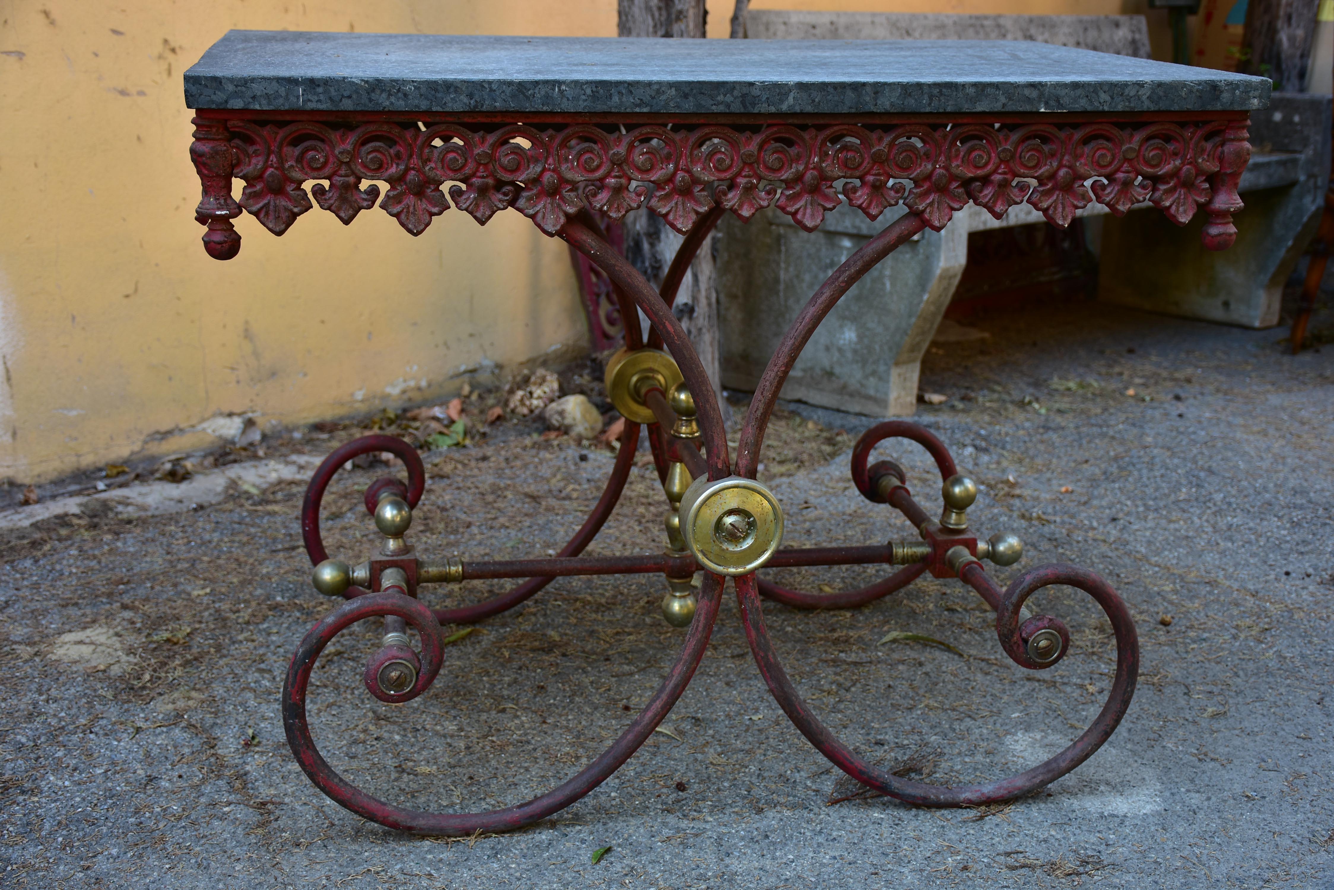 Vintage French butcher’s table with black stone top