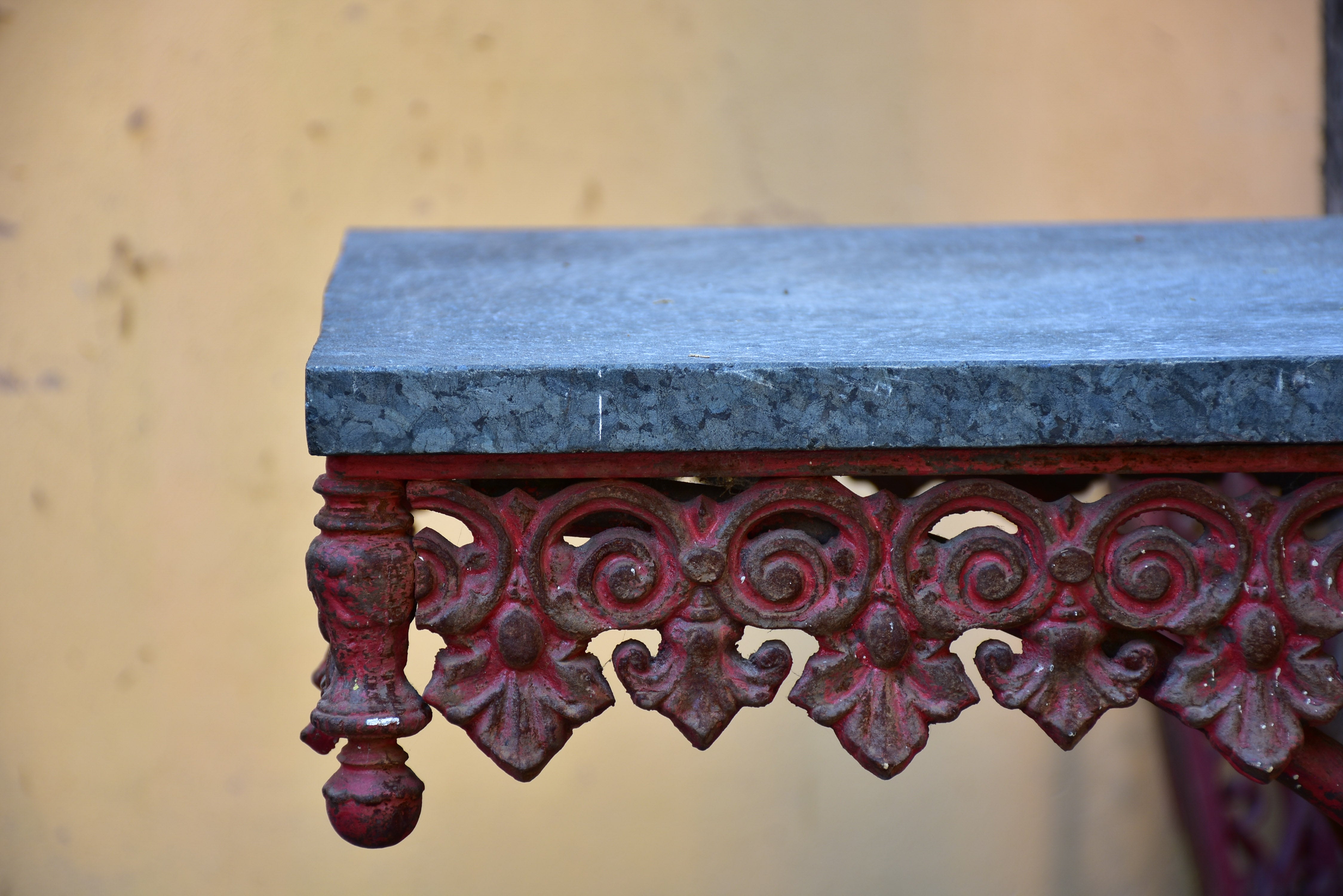 Vintage French butcher’s table with black stone top