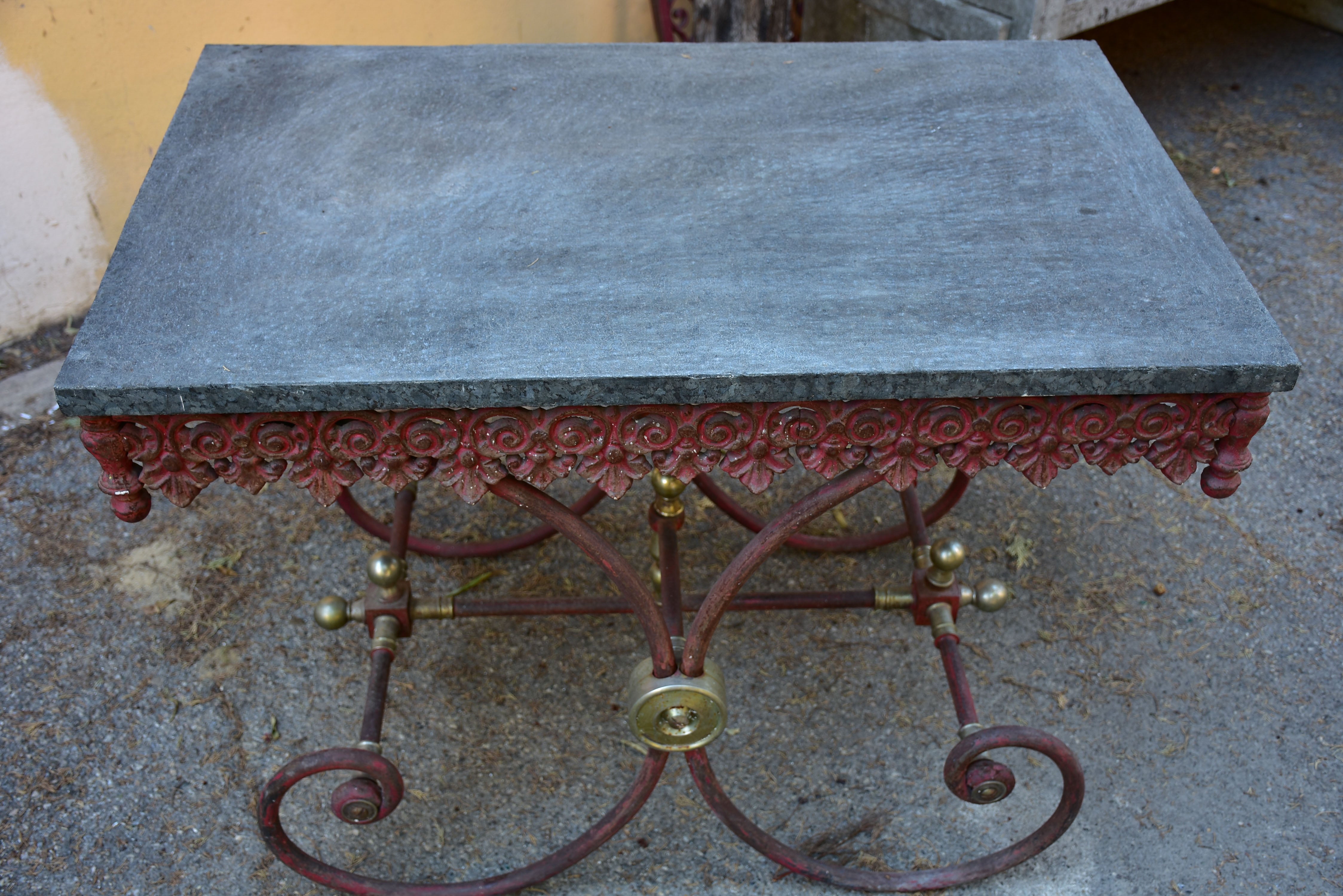 Vintage French butcher’s table with black stone top