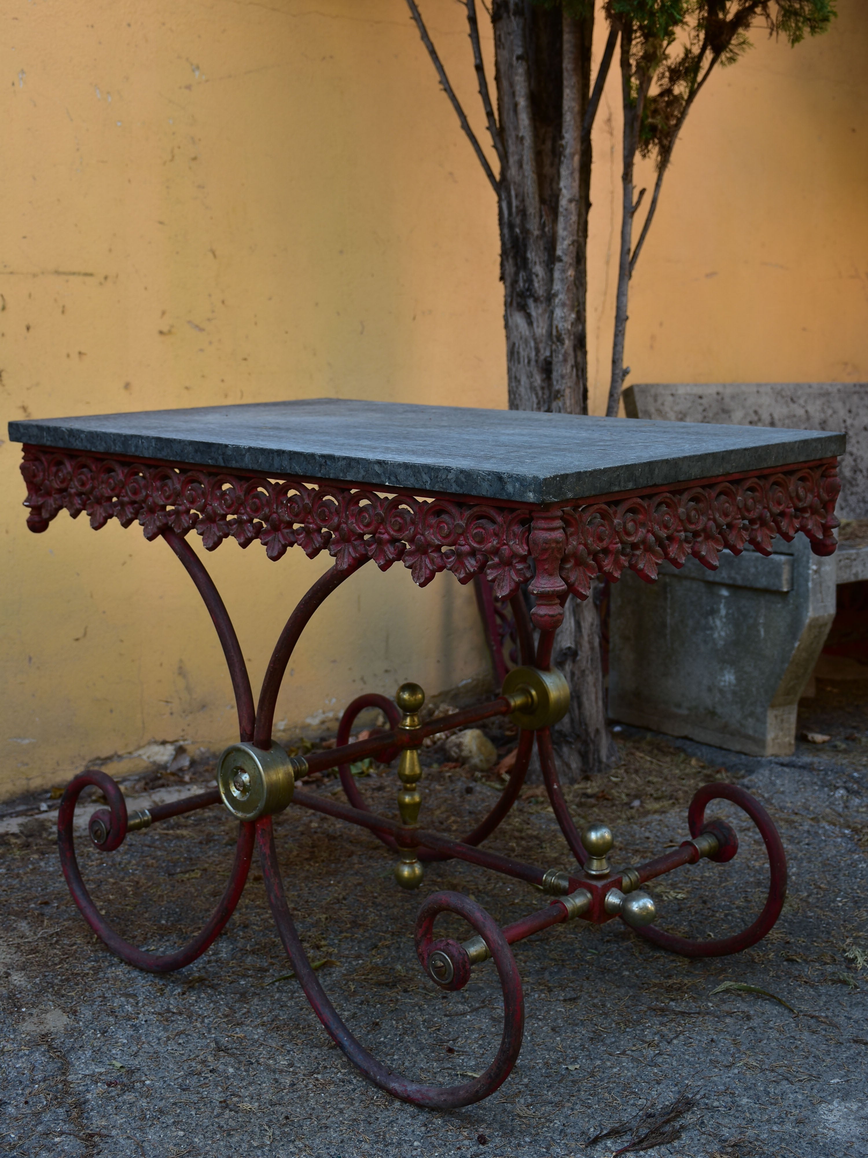 Vintage French butcher’s table with black stone top