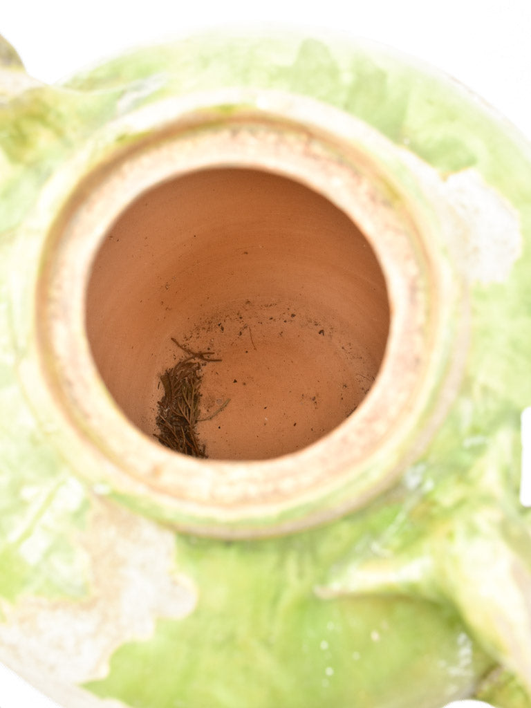 Large rustic antique French water pitcher with pea green glaze 13¾"